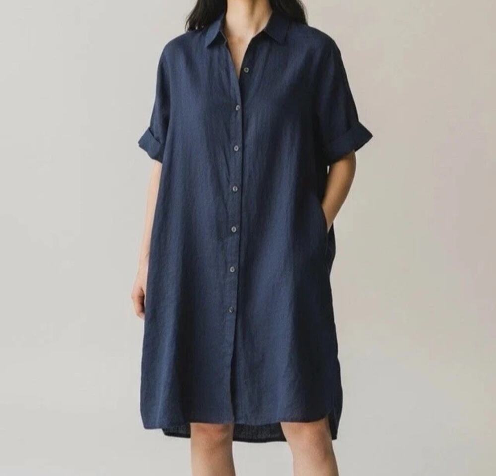 J Crew Linen Shirt Dress Womens Oversize S Navy Blue Contrasting White Buttons
